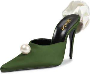 miss left Women Pearls Closed Pointy Toe Slide Sandals Slip On High Stiletto Heel Mules with Flowers Fashion Shopping Indoor Shoes Size 4-16 US