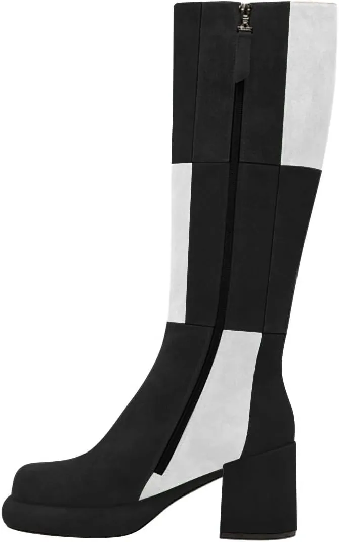 miss left Women Platform Knee High Boots Closed Round Toe Mid Chunky Heel Patchwork Winter Fall Boot Side Zip Dressy Daily Casual Party Walking Shoes Size 4-16 US