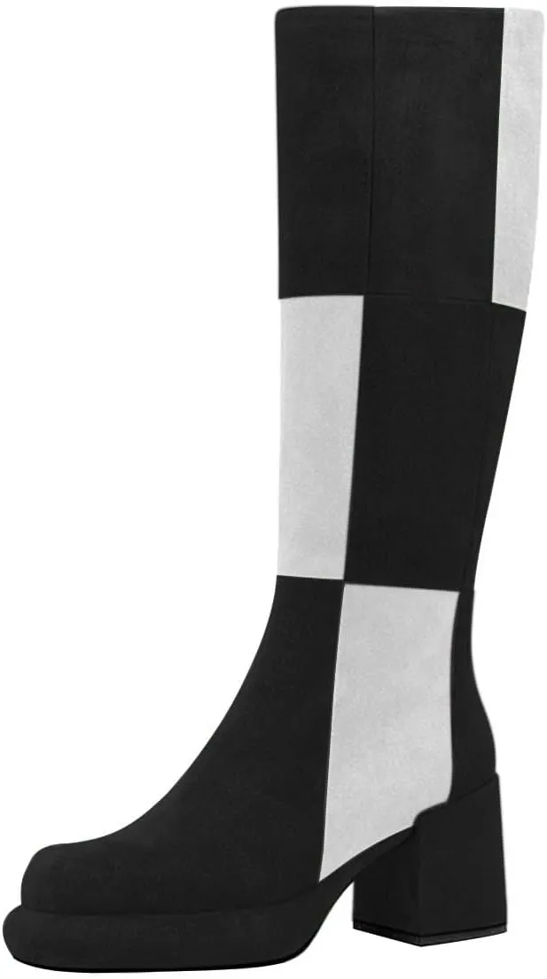 miss left Women Platform Knee High Boots Closed Round Toe Mid Chunky Heel Patchwork Winter Fall Boot Side Zip Dressy Daily Casual Party Walking Shoes Size 4-16 US