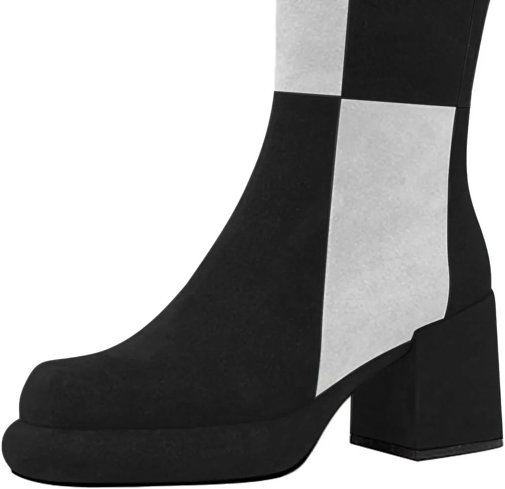miss left Women Platform Knee High Boots Closed Round Toe Mid Chunky Heel Patchwork Winter Fall Boot Side Zip Dressy Daily Casual Party Walking Shoes Size 4-16 US