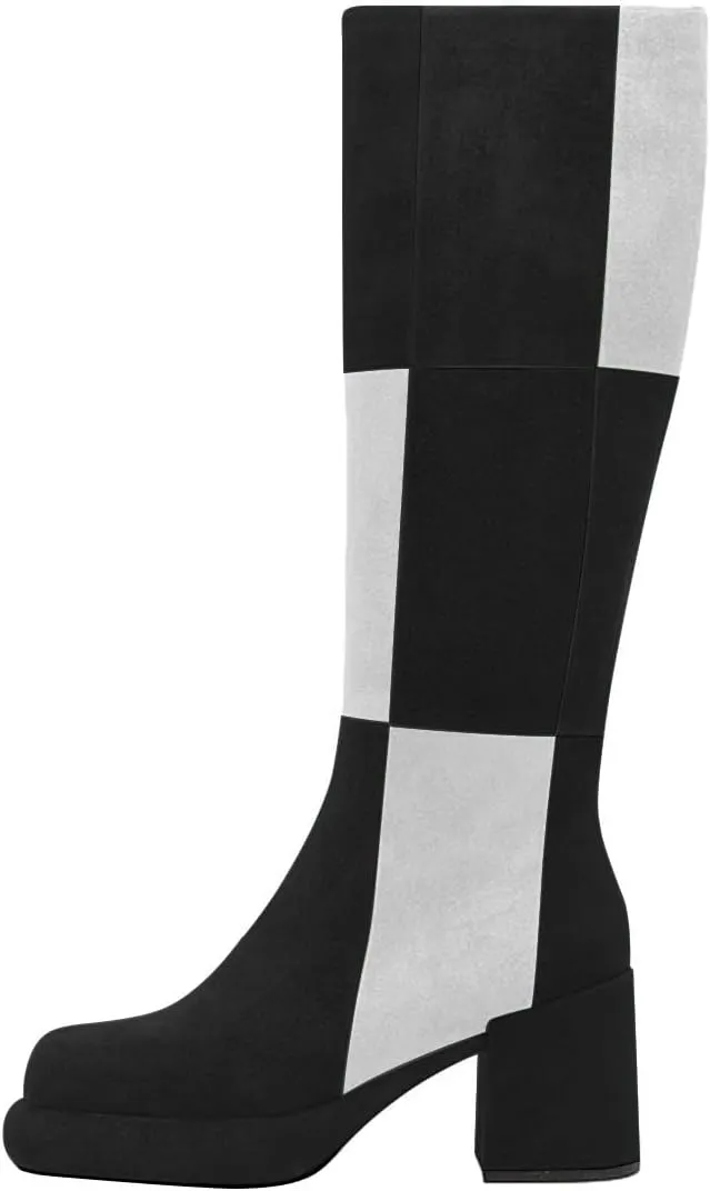 miss left Women Platform Knee High Boots Closed Round Toe Mid Chunky Heel Patchwork Winter Fall Boot Side Zip Dressy Daily Casual Party Walking Shoes Size 4-16 US