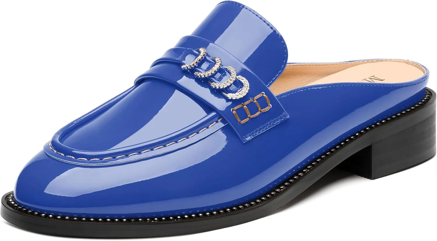MODENCOCO Mules for Women Low Chunky Heel Slide Mules Closed Round Toe Flats Slip-on Comfort Backless Loafers Mules Patent Fashion Dress Shoes