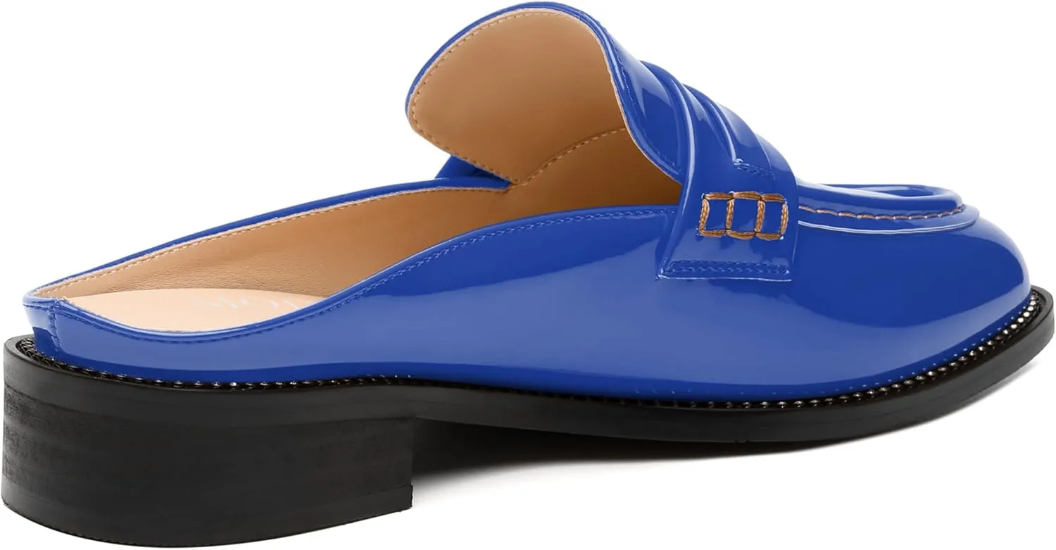 MODENCOCO Mules for Women Low Chunky Heel Slide Mules Closed Round Toe Flats Slip-on Comfort Backless Loafers Mules Patent Fashion Dress Shoes