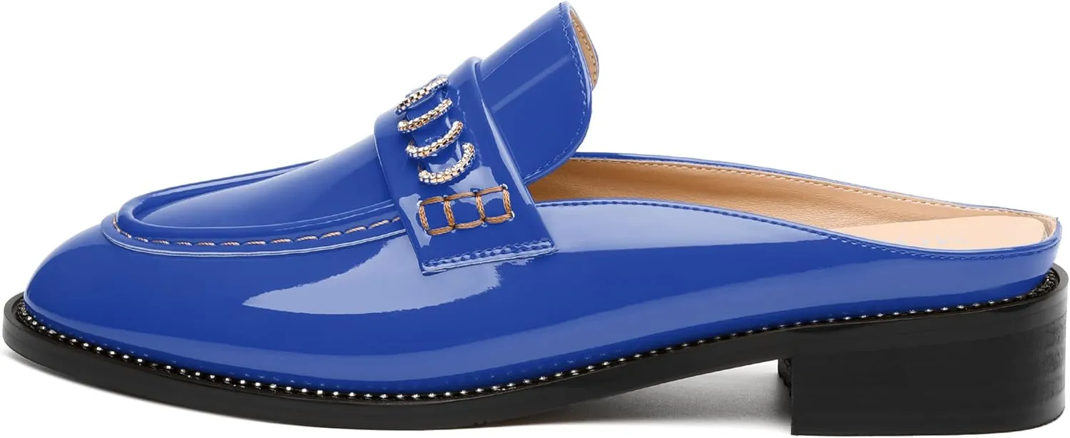 MODENCOCO Mules for Women Low Chunky Heel Slide Mules Closed Round Toe Flats Slip-on Comfort Backless Loafers Mules Patent Fashion Dress Shoes