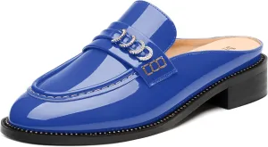 MODENCOCO Mules for Women Low Chunky Heel Slide Mules Closed Round Toe Flats Slip-on Comfort Backless Loafers Mules Patent Fashion Dress Shoes
