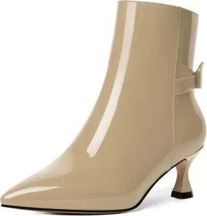 MODENCOCO Womens Patent Wedding Dress Stylish Bow Zip Pointed Toe Kitten High Heel Ankle High Boots 2 Inch