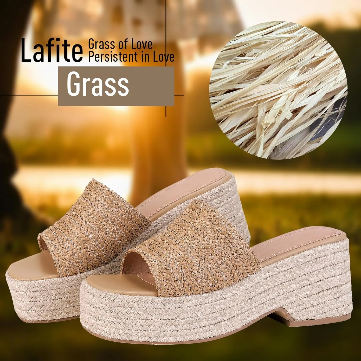 Monrovia Platform Sandals Women – Raffia Espadrilles Slip On Slides, Comfortable Summer Wedge Sandals, Straw Beach Shoes 2025