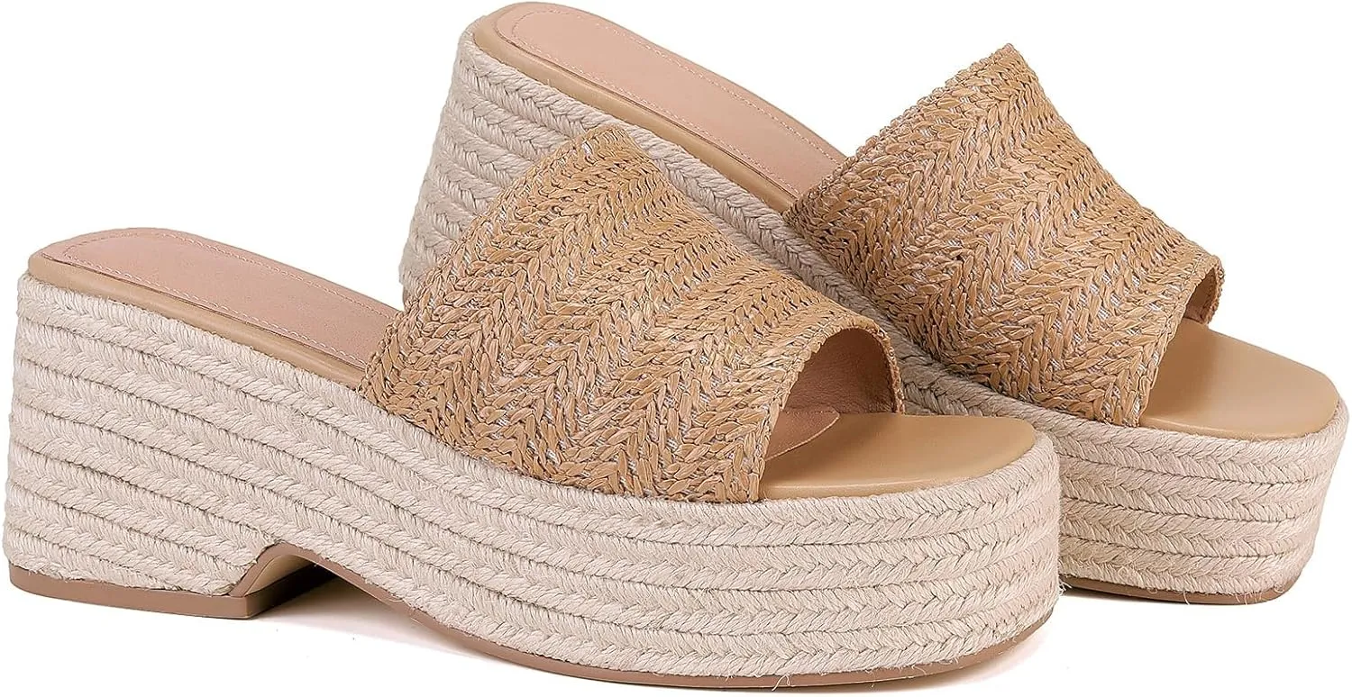 Monrovia Platform Sandals Women – Raffia Espadrilles Slip On Slides, Comfortable Summer Wedge Sandals, Straw Beach Shoes 2025