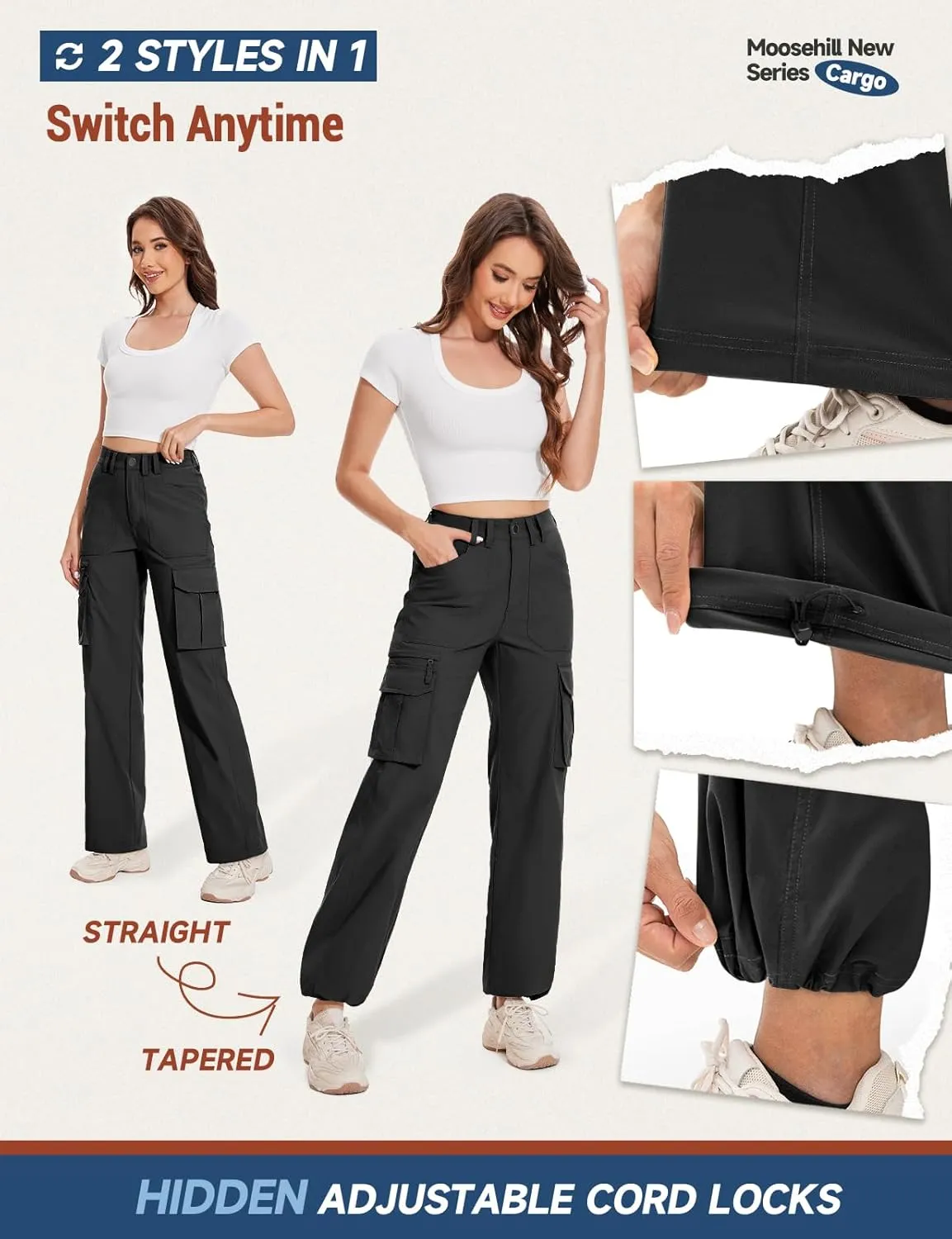Moosehill Cargo Hiking Pants Women High Waisted Water Resistance Baggy Stretch Work Casual Travel Streetwear