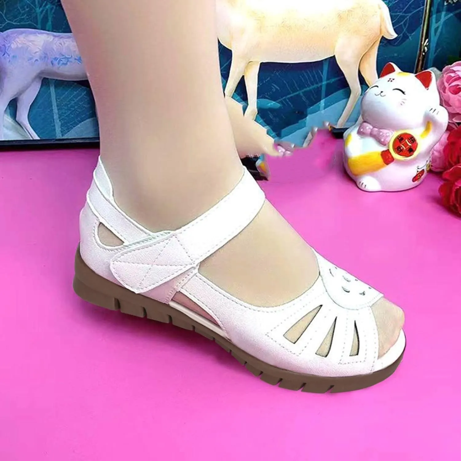Mother's Day Gift Summer Hollow-Out Wedge Platform Sandals for Older Women, Open-Toe Dress Walking Flats Boho Sandal & Ankle Strap