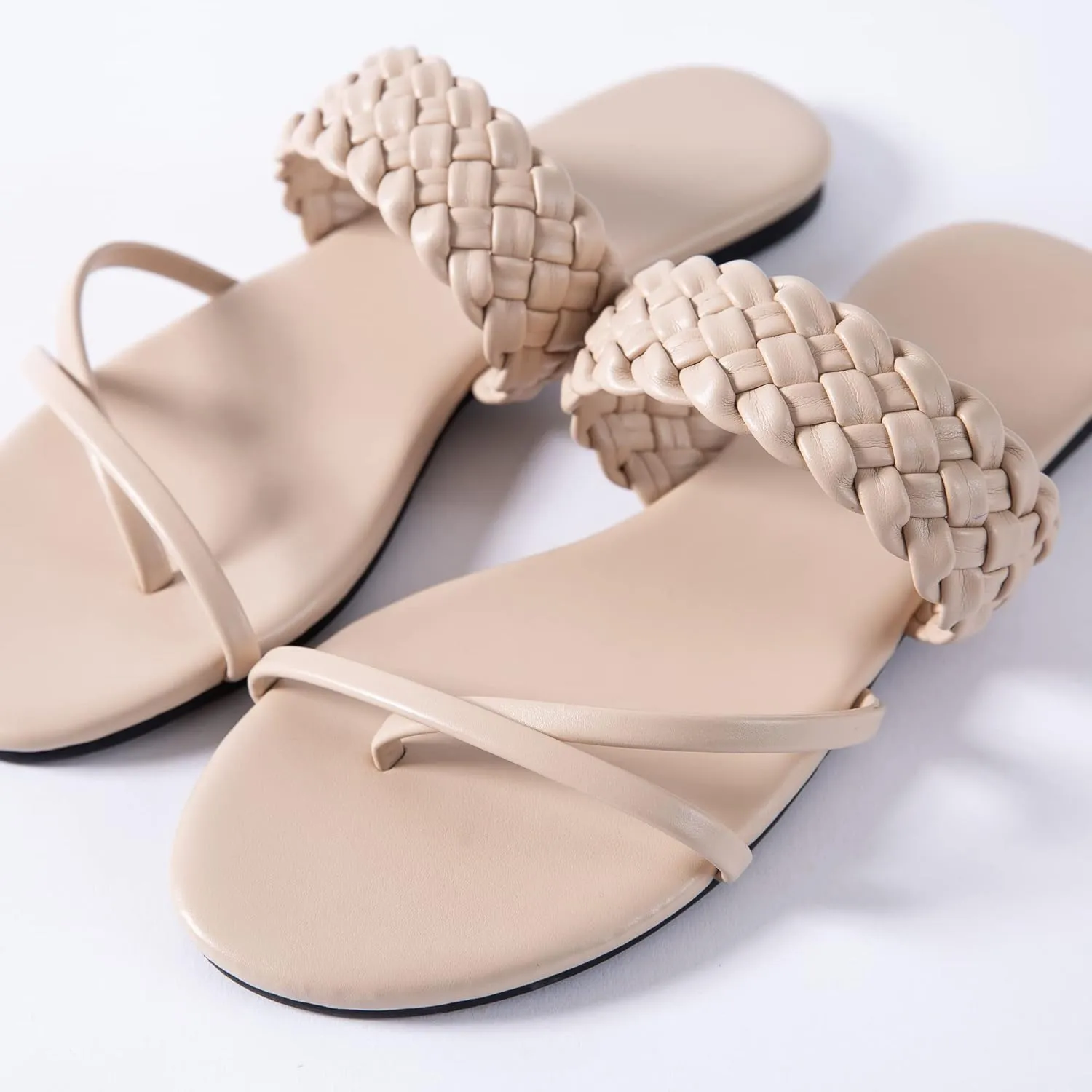 Mtzyoa Women Flat Sandals Straw Braided Orthopedic Support Non-Slip Cushion Casual Solid Dressy Comfortable Vacation Evening Wear