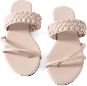 Mtzyoa Women Flat Sandals Straw Braided Orthopedic Support Non-Slip Cushion Casual Solid Dressy Comfortable Vacation Evening Wear