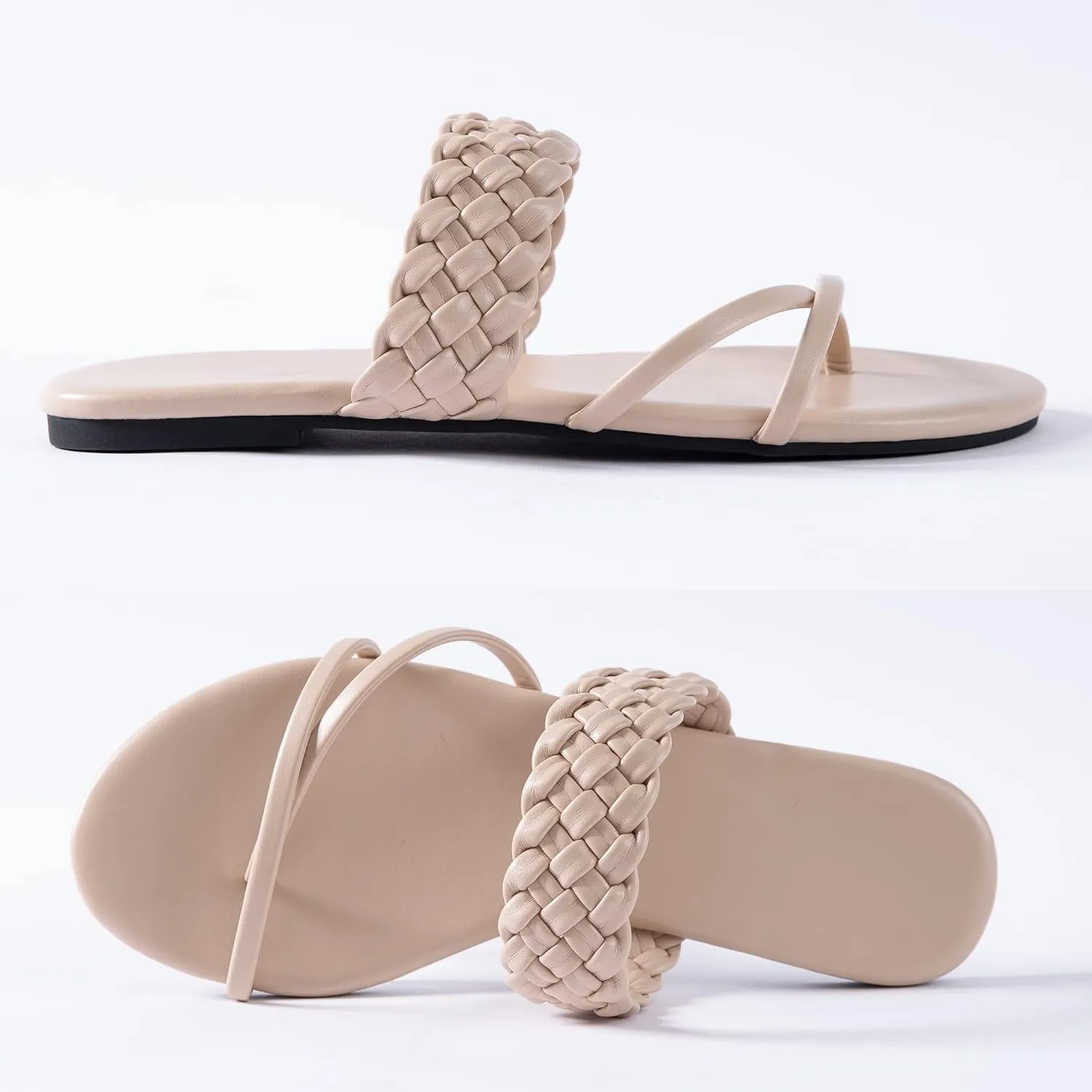 Mtzyoa Women Flat Sandals Straw Braided Orthopedic Support Non-Slip Cushion Casual Solid Dressy Comfortable Vacation Evening Wear