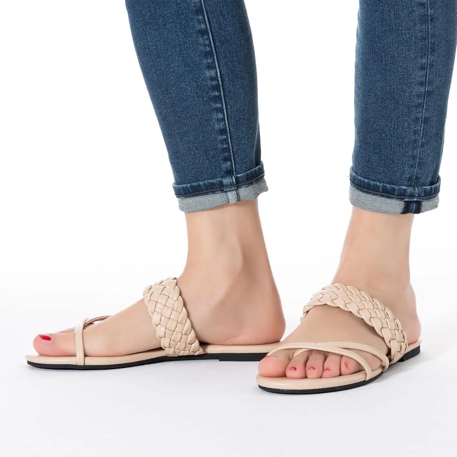 Mtzyoa Women Flat Sandals Straw Braided Orthopedic Support Non-Slip Cushion Casual Solid Dressy Comfortable Vacation Evening Wear