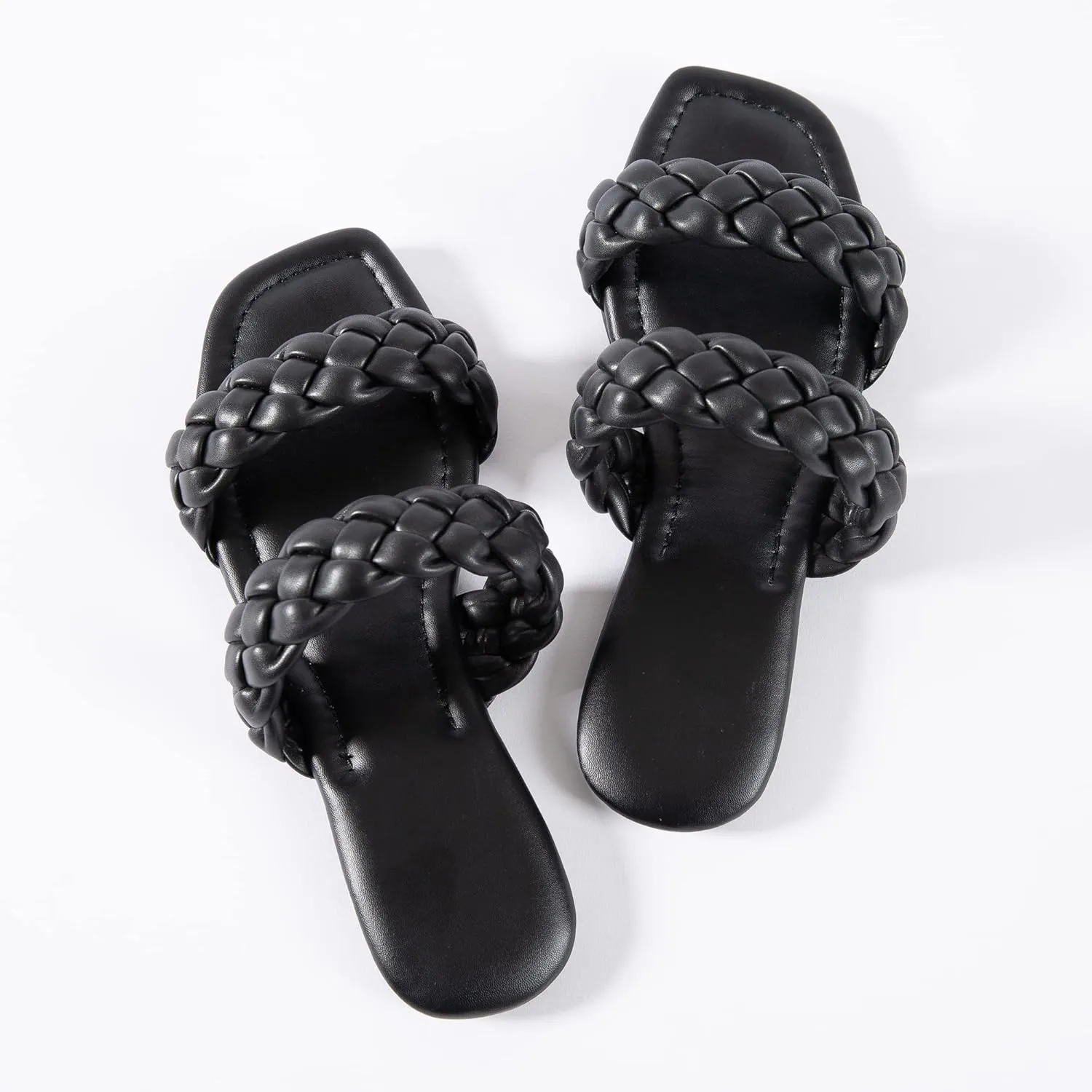 Mtzyoa Women's Sandals Casual Braided Dressy Summer Square Toe Quilted Flat Sandals