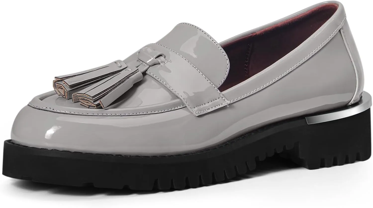 MUCCCUTE Grey Platform Loafers for Women Chunky Heel Gray Penny Loafers Women Comfort Classic Round Toe Slip-On Business Casual Shoes with Tassels Size 7.5