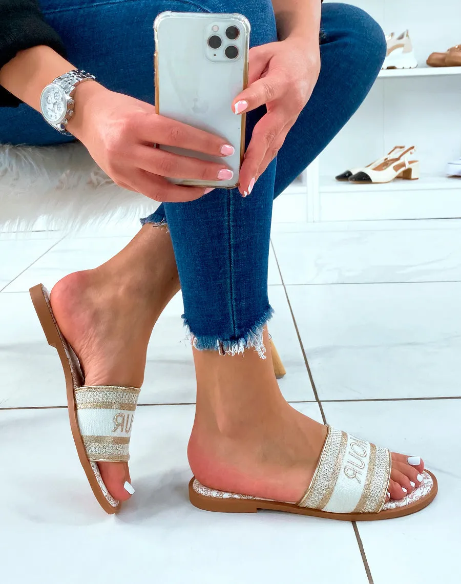 Mules dorées en tissu à inscription Amour