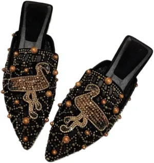 Mules for Woman Comfortable Pointed Toe Crystal Embellished Backless Flat Mules Business Casual Comfort Slip-On Shoes