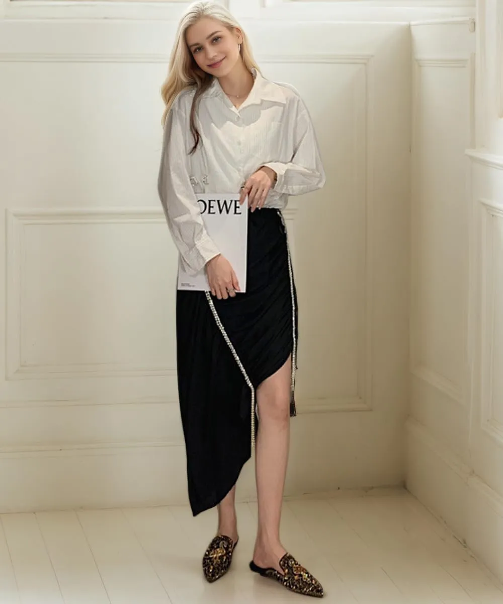 Mules for Woman Comfortable Pointed Toe Crystal Embellished Backless Flat Mules Business Casual Comfort Slip-On Shoes