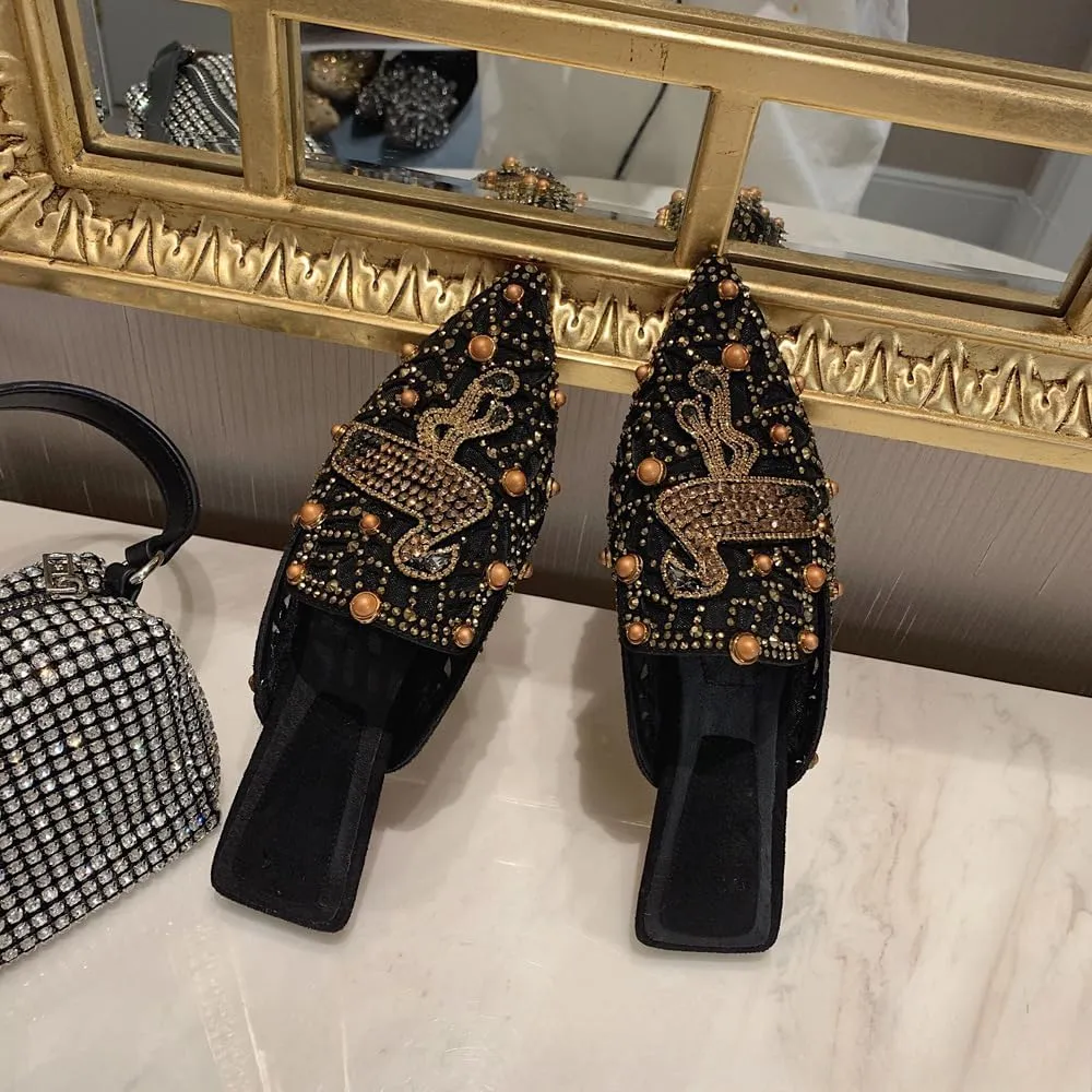 Mules for Woman Comfortable Pointed Toe Crystal Embellished Backless Flat Mules Business Casual Comfort Slip-On Shoes