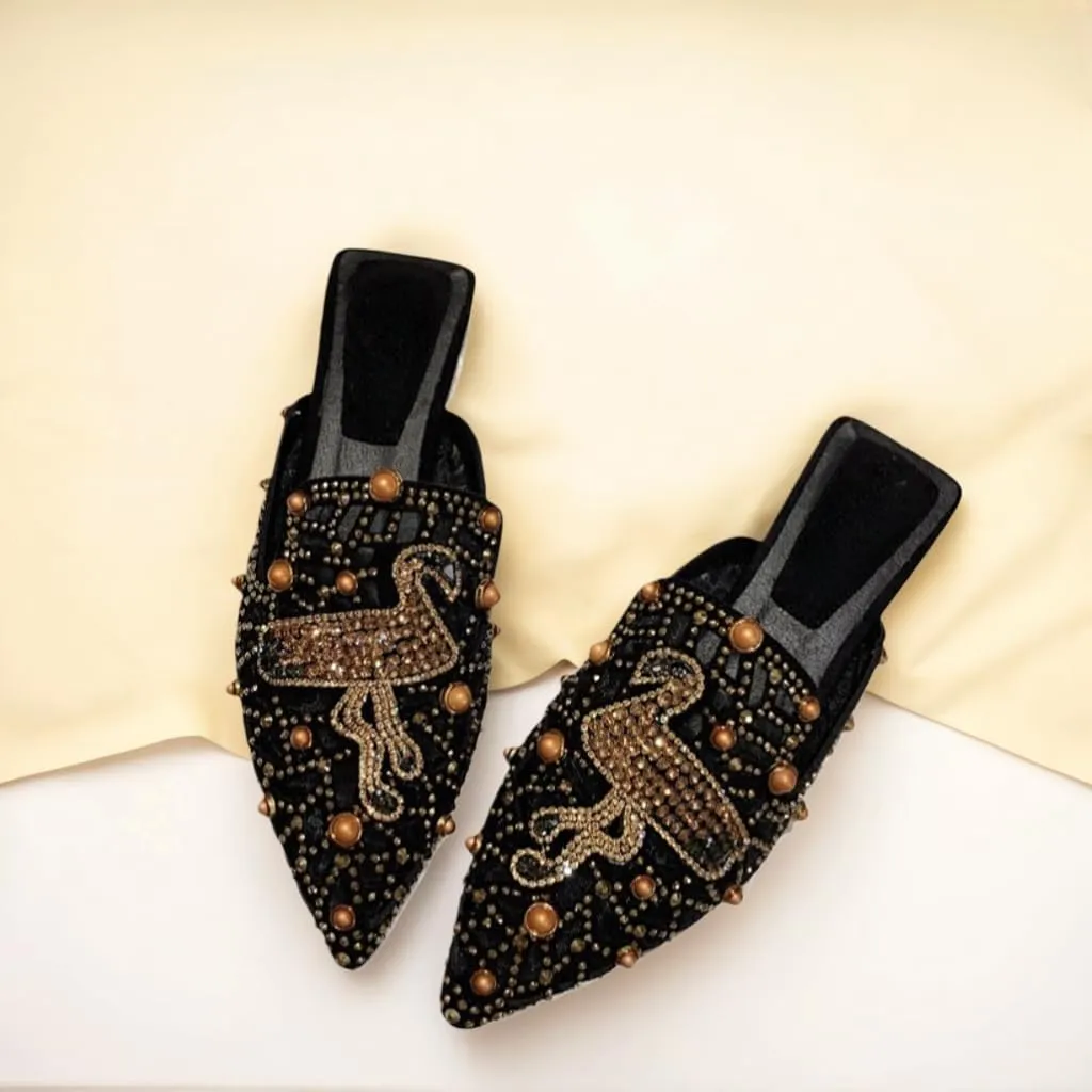 Mules for Woman Comfortable Pointed Toe Crystal Embellished Backless Flat Mules Business Casual Comfort Slip-On Shoes
