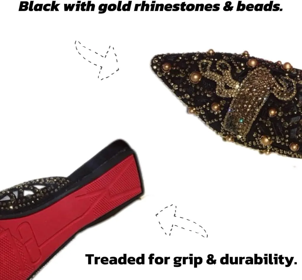 Mules for Woman Comfortable Pointed Toe Crystal Embellished Backless Flat Mules Business Casual Comfort Slip-On Shoes