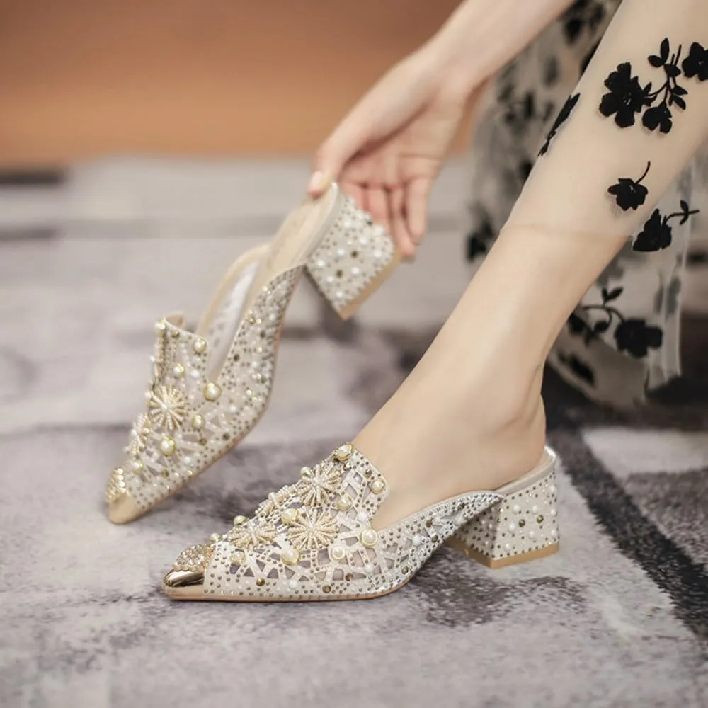 Mules for Woman Pointed Toe Pearl Crystal Mules with Pearls Backless Flat Slip On Comfort Casual Shoes