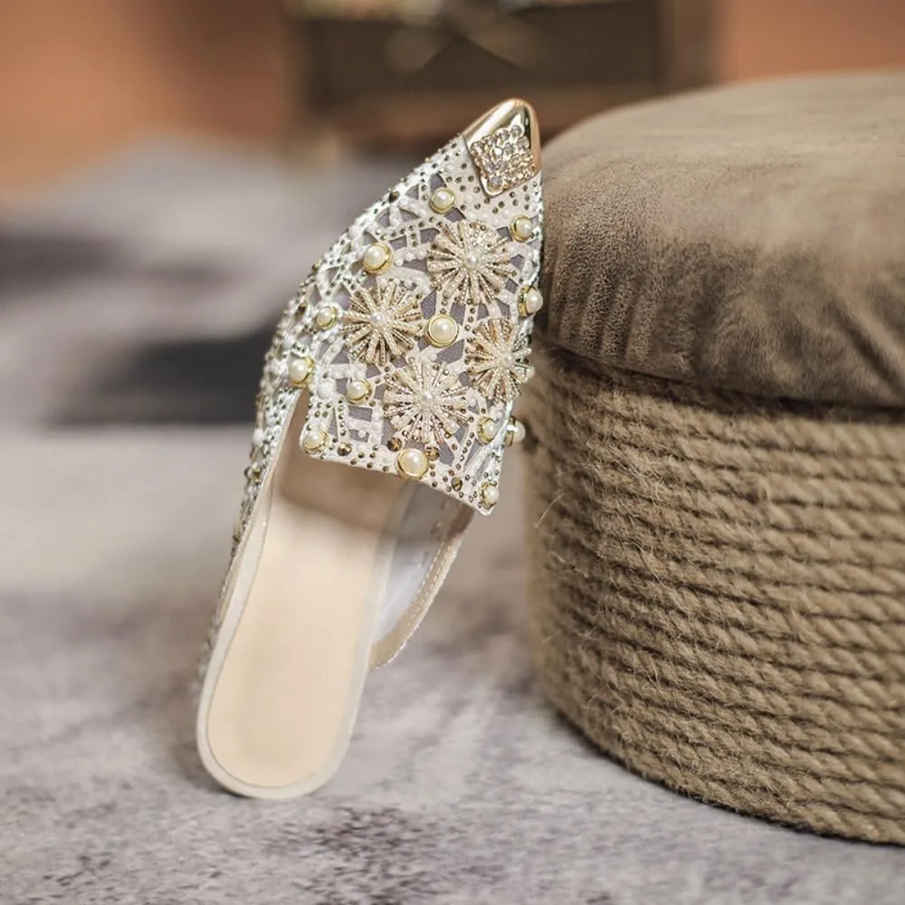 Mules for Woman Pointed Toe Pearl Crystal Mules with Pearls Backless Flat Slip On Comfort Casual Shoes