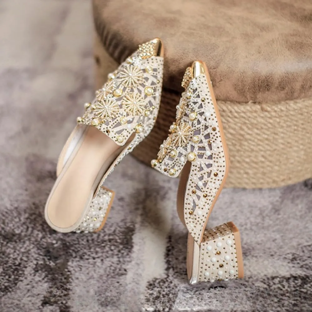 Mules for Woman Pointed Toe Pearl Crystal Mules with Pearls Backless Flat Slip On Comfort Casual Shoes