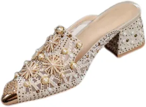 Mules for Woman Pointed Toe Pearl Crystal Mules with Pearls Backless Flat Slip On Comfort Casual Shoes