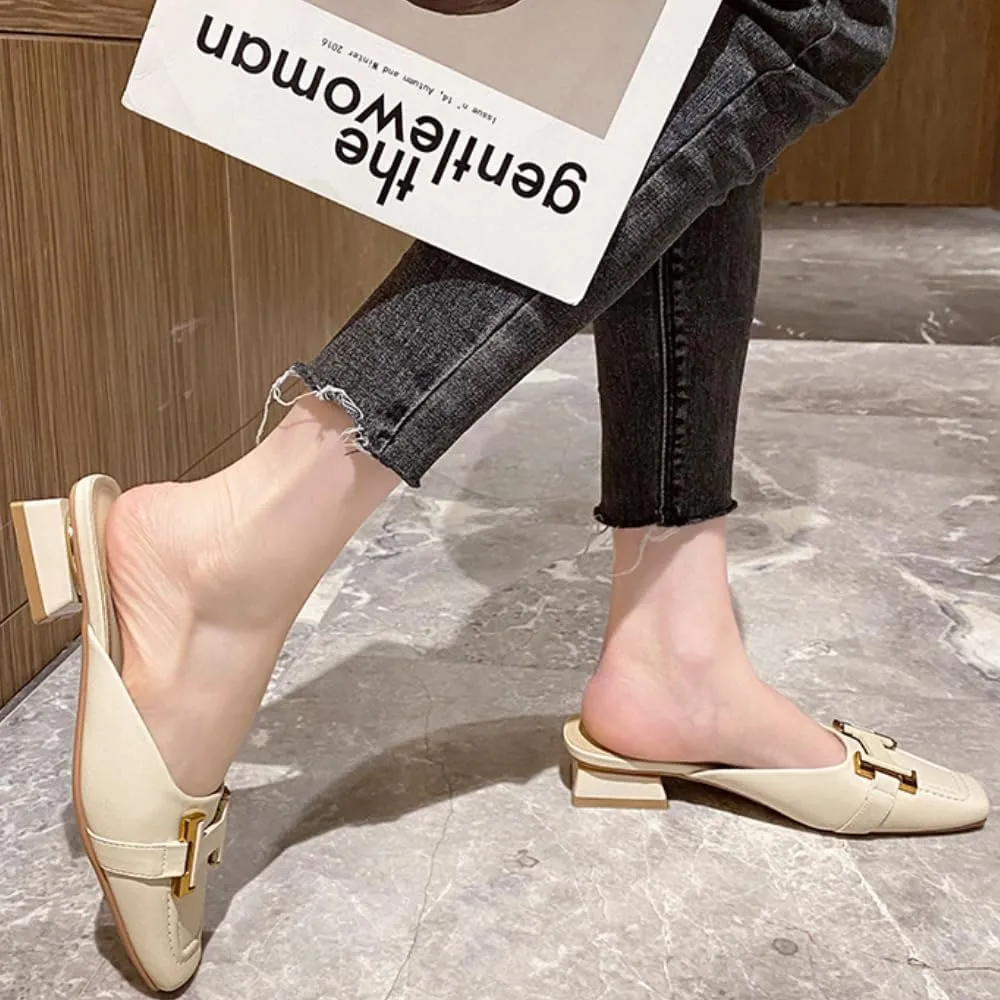 Mules for Woman Square-Toe Leather Mules Slides Slip on Business Office Casual Comfort Professional Flat Shoes