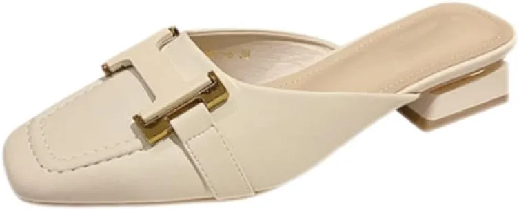 Mules for Woman Square-Toe Leather Mules Slides Slip on Business Office Casual Comfort Professional Flat Shoes
