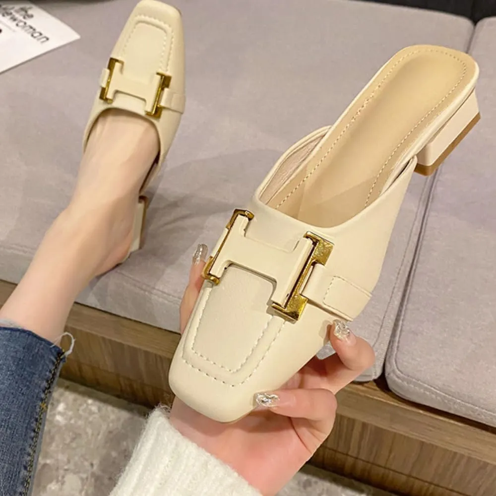 Mules for Woman Square-Toe Leather Mules Slides Slip on Business Office Casual Comfort Professional Flat Shoes