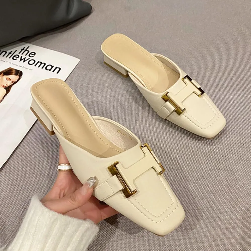 Mules for Woman Square-Toe Leather Mules Slides Slip on Business Office Casual Comfort Professional Flat Shoes