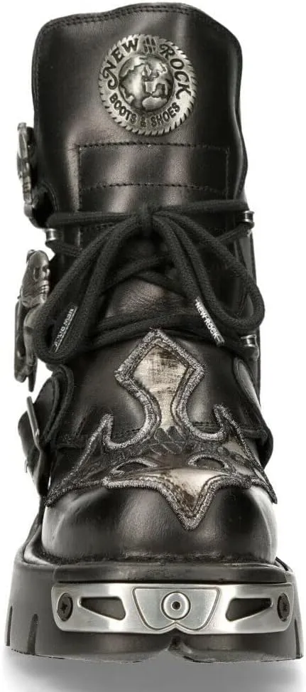 NEW ROCK 407-S1 Silver Cross BOOTS Black Leather Gothic Punk Biker Shoes Ankle Boots