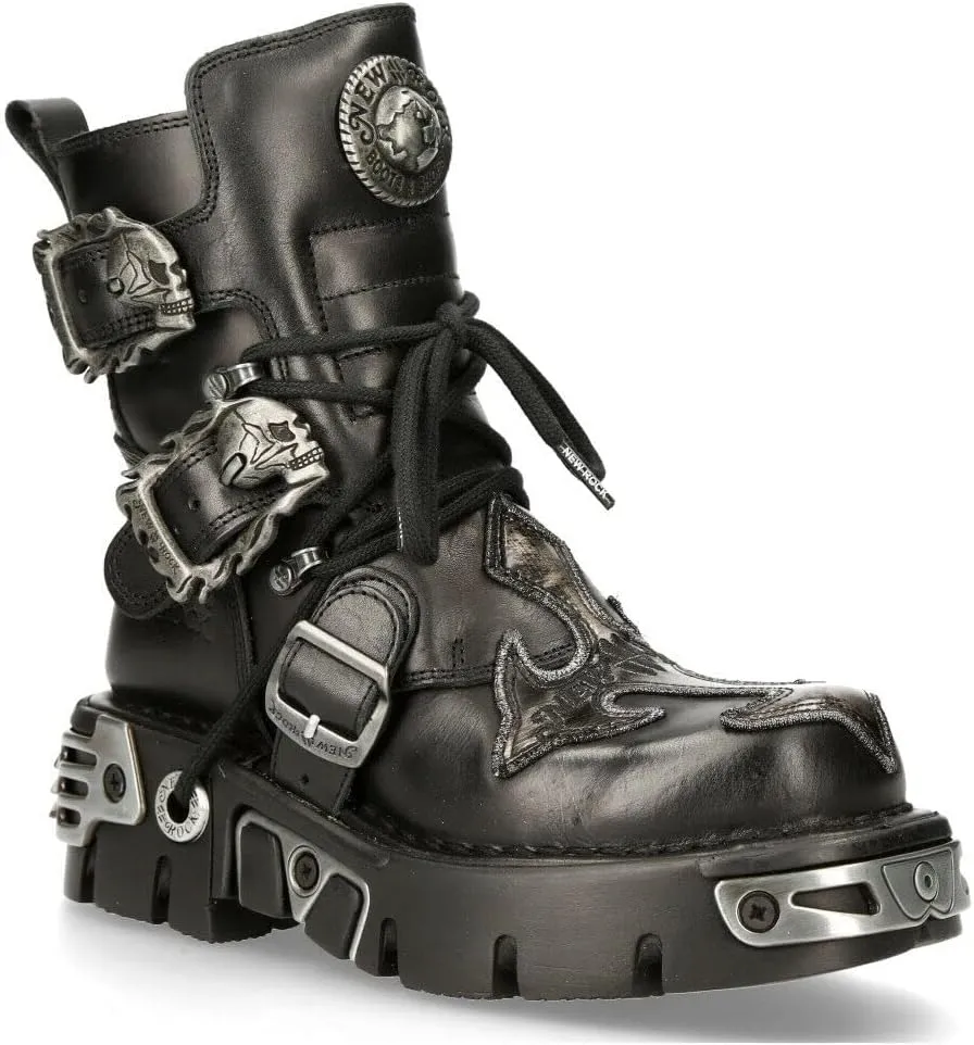 NEW ROCK 407-S1 Silver Cross BOOTS Black Leather Gothic Punk Biker Shoes Ankle Boots