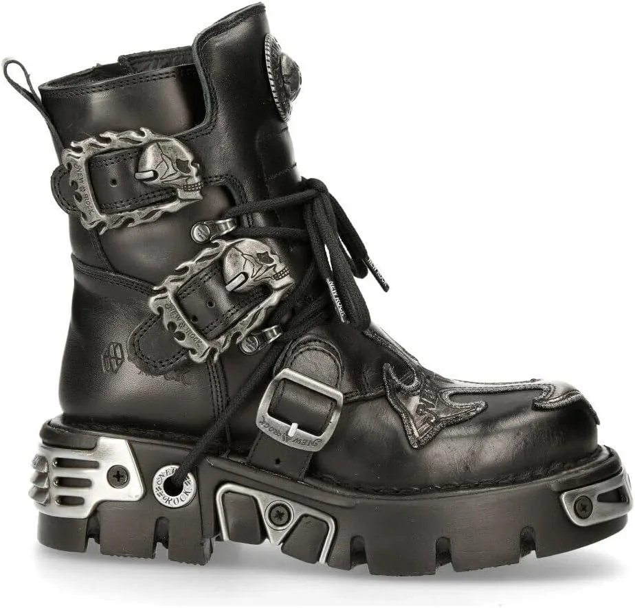 NEW ROCK 407-S1 Silver Cross BOOTS Black Leather Gothic Punk Biker Shoes Ankle Boots