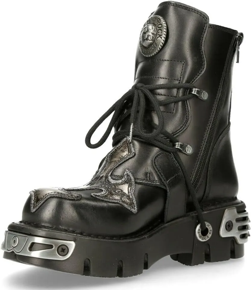 NEW ROCK 407-S1 Silver Cross BOOTS Black Leather Gothic Punk Biker Shoes Ankle Boots