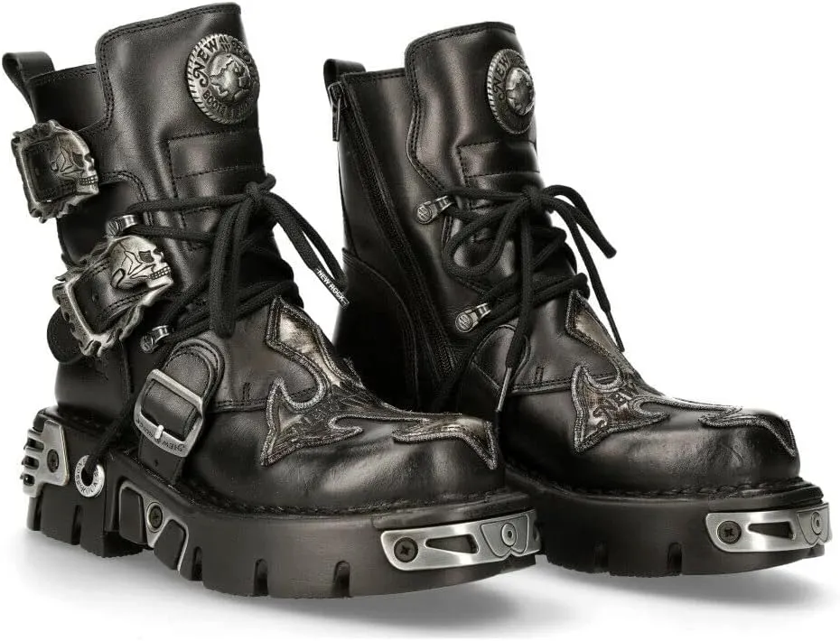 NEW ROCK 407-S1 Silver Cross BOOTS Black Leather Gothic Punk Biker Shoes Ankle Boots