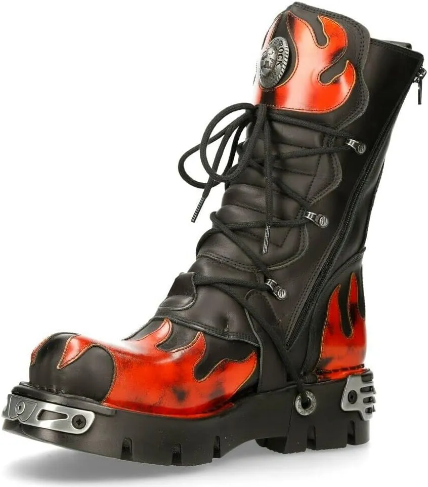 New Rock Boots 591 Flame Metallic Leather Women's Goth Punk Biker Fashion