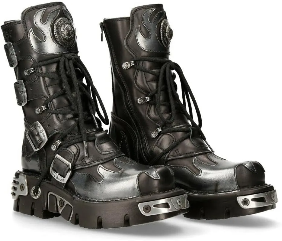 New Rock Boots 591 Flame Metallic Leather Women's Goth Punk Biker Fashion