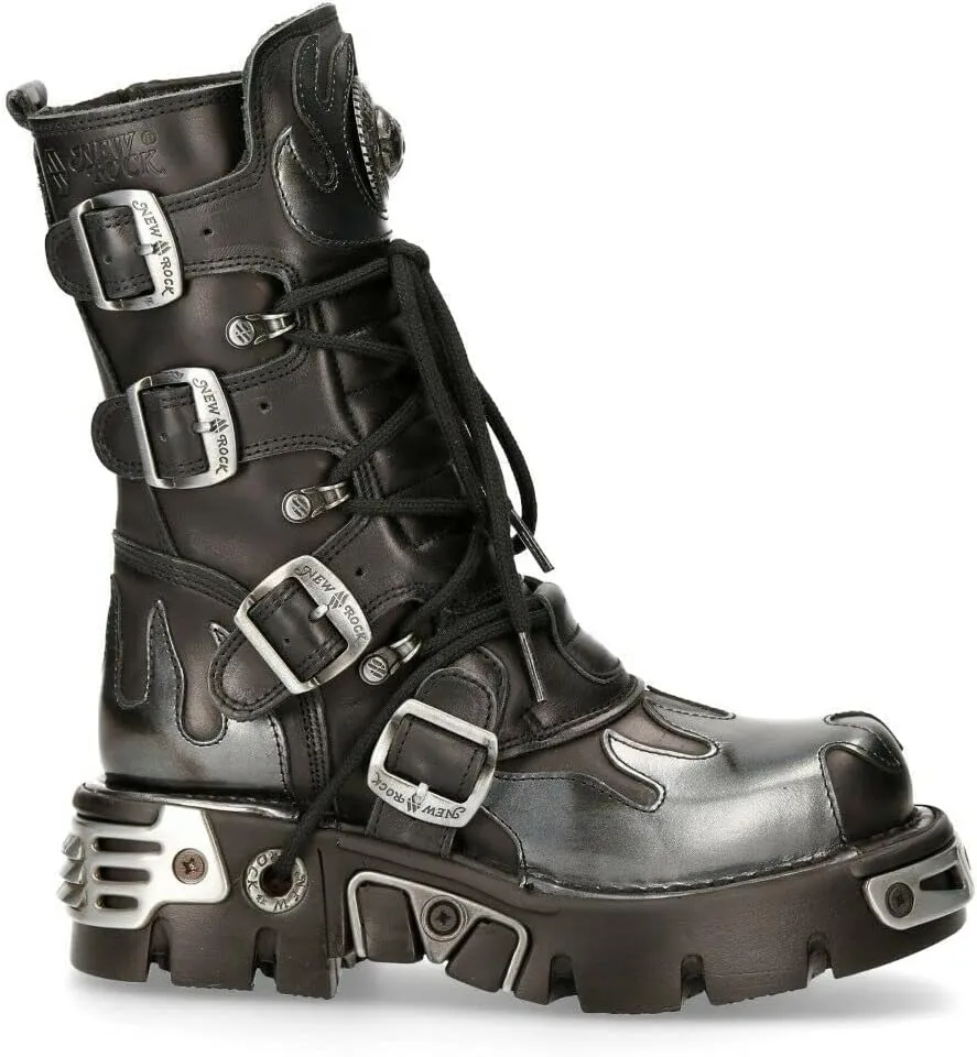 New Rock Boots 591 Flame Metallic Leather Women's Goth Punk Biker Fashion