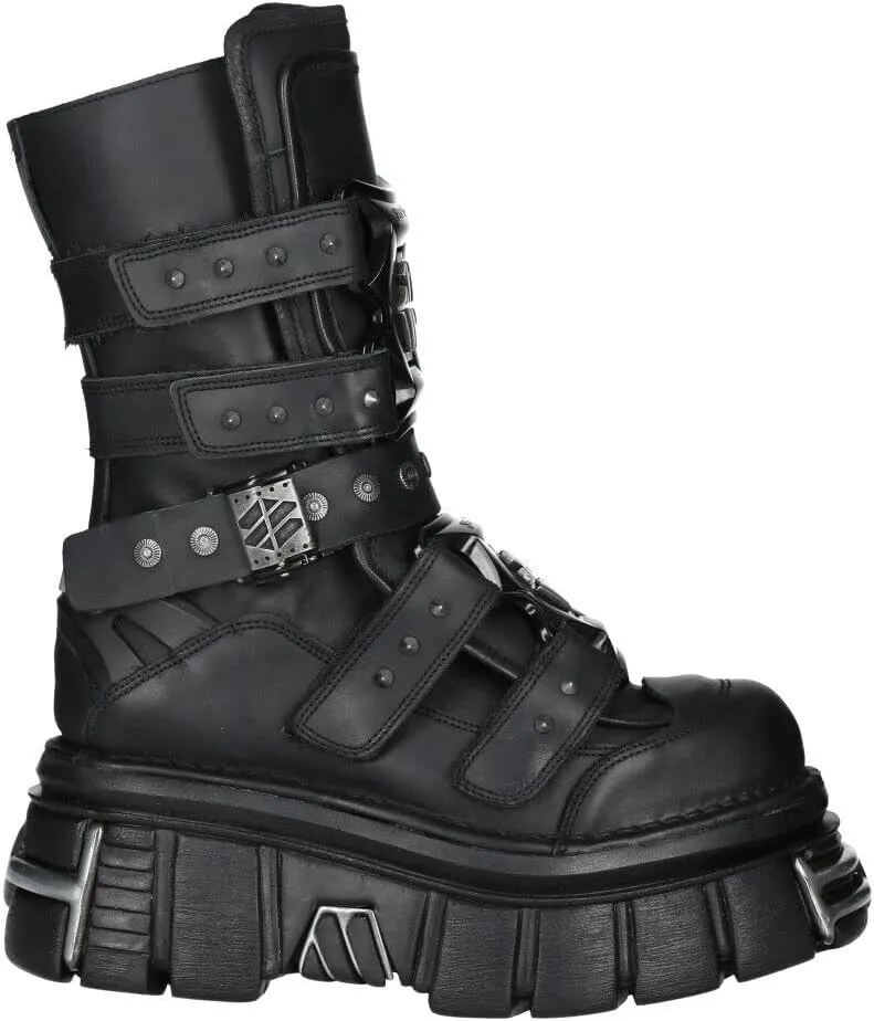 New Rock Boots M-MET422-S1 Unisex Metallic Black Leather Platform Gothic Boots