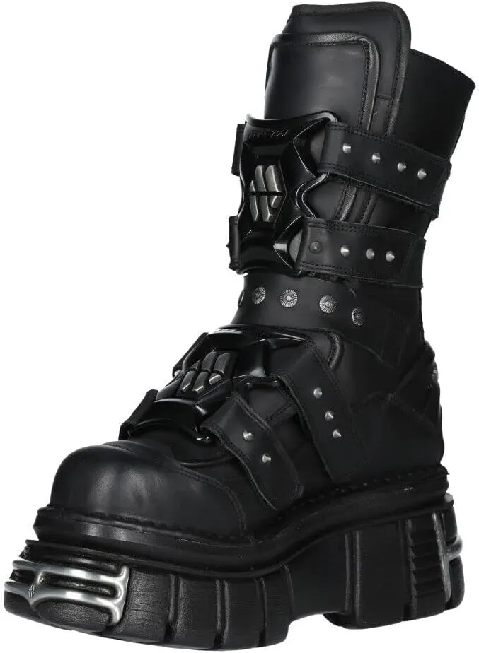 New Rock Boots M-MET422-S1 Unisex Metallic Black Leather Platform Gothic Boots