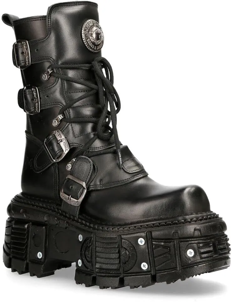 New Rock Boots TANK373-S1 Black Leather Women's Combat Platform Biker Goth Metal Shoes