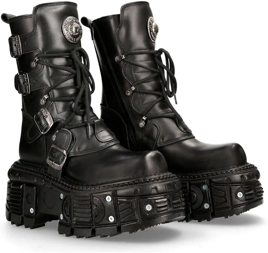 New Rock Boots TANK373-S1 Black Leather Women's Combat Platform Biker Goth Metal Shoes