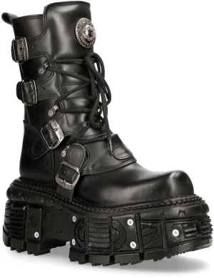 New Rock Boots TANK373-S1 Black Leather Women's Combat Platform Biker Goth Metal Shoes