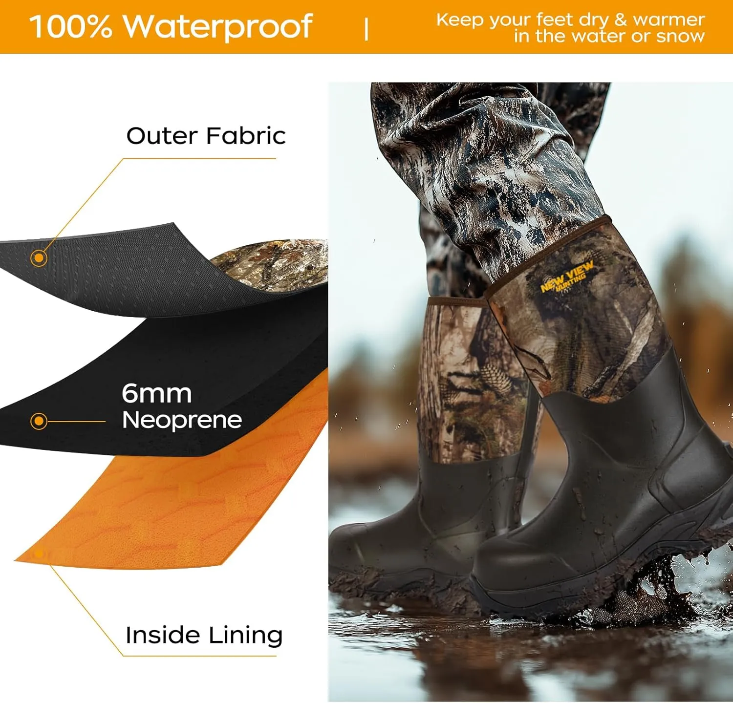 NEW VIEW Insulated Hunting Boots for Men Cold Weather, 6mm Neoprene Rubber Boots for Winter, Camo Durable Waterproof Mud Boot for Deer, Duck, Bird Hunting