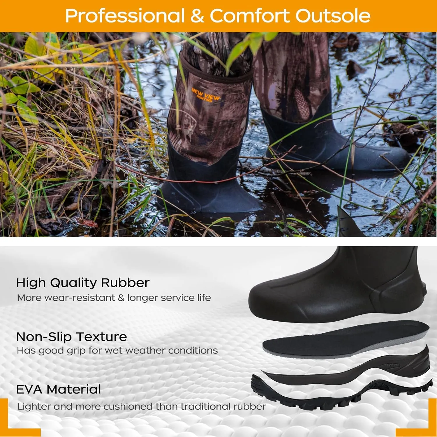 NEW VIEW Insulated Hunting Boots for Men Cold Weather, 6mm Neoprene Rubber Boots for Winter, Camo Durable Waterproof Mud Boot for Deer, Duck, Bird Hunting