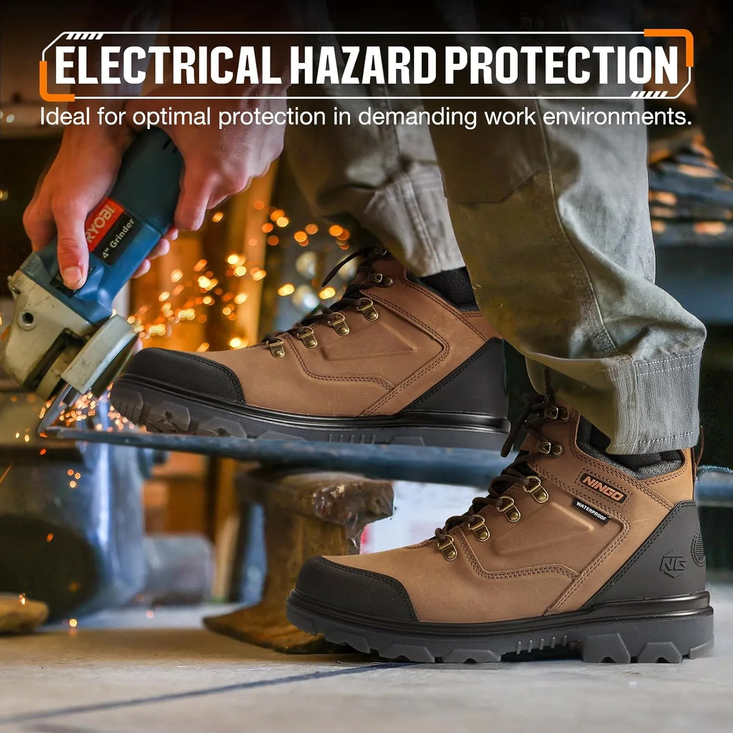 NINGO Mens Steel Toe Work Boots, Waterproof Heavy-Duty Safety Boots with Puncture Protection Oil & Slip Resistant, Steel Toe Work Shoes with Breathable Lining EH Protection for Construction Industrial